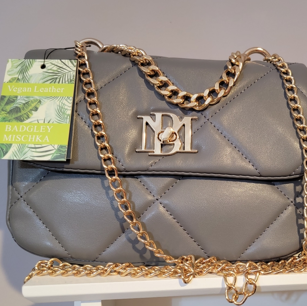 Badgley Mischka vegan leather grey small crossbody with gold chain